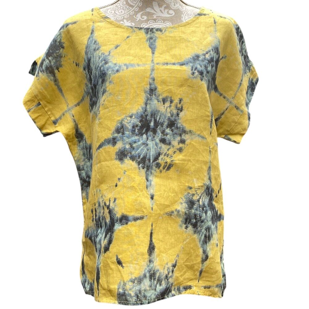 Bellambia Italy Linen Boxy Top Size L Blouse Cap Sleeve Yellow Blue Tie Dye